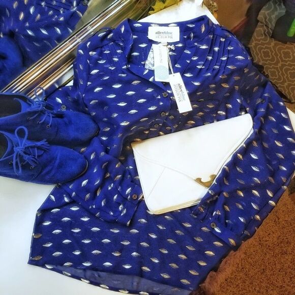 Alice Blue Stitch Fix Blue and Silver Lucio Henley Blouse - Picture 1 of 8
